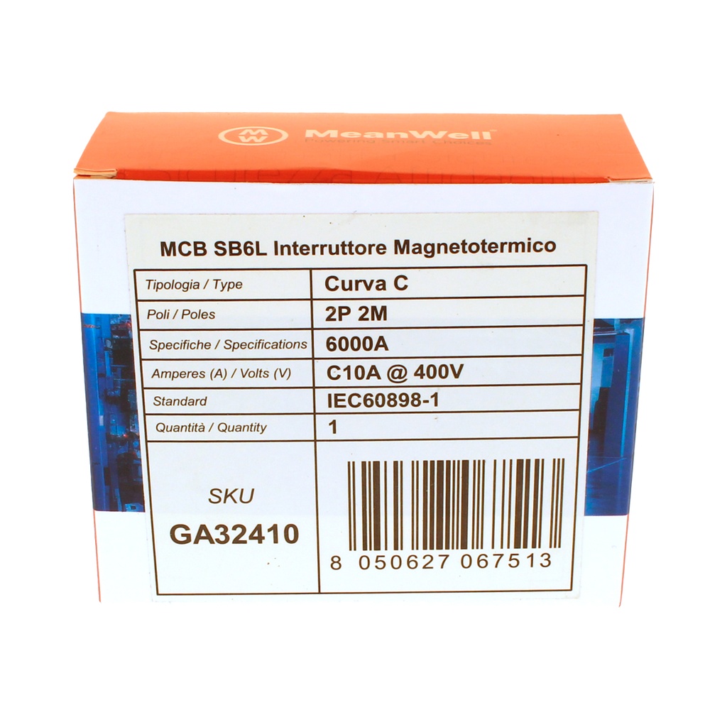 MeanWell MCB Interruttore Magnetotermico Automatico Curva C 2P 2M 6000A C10A AC 400V IP20 IEC60898-1