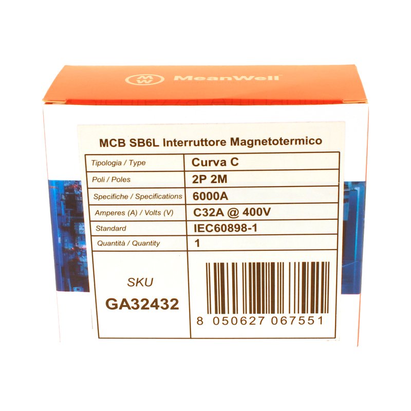 MeanWell MCB Interruttore Magnetotermico Automatico Curva C 2P 2M 6000A C32A AC 400V IP20 IEC60898-1