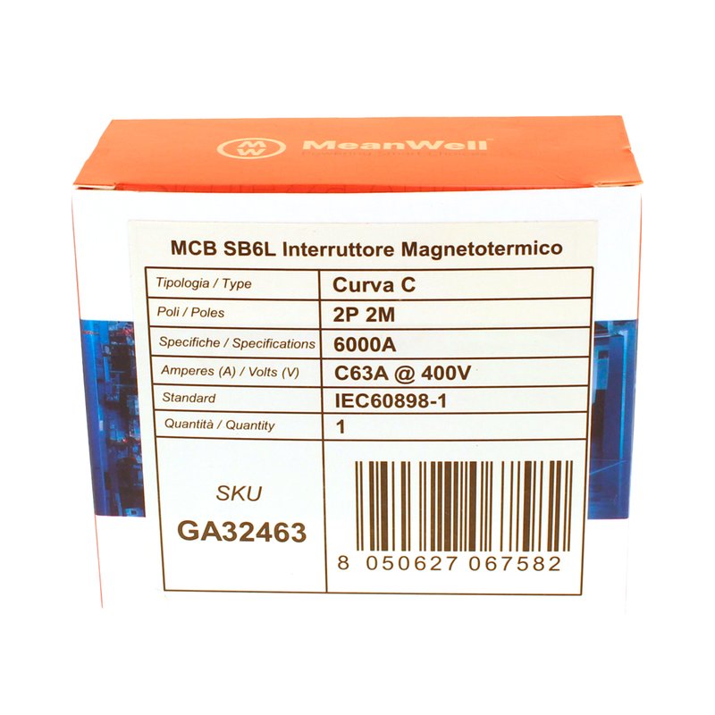 MeanWell MCB Interruttore Magnetotermico Automatico Curva C 2P 2M 6000A C63A AC 400V IP20 IEC60898-1