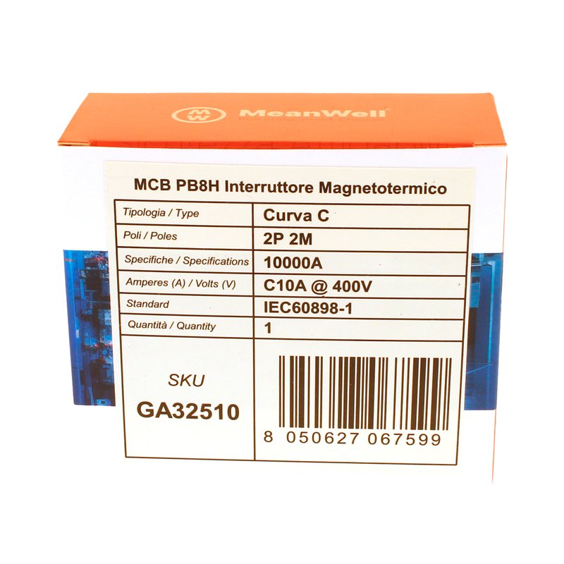 MeanWell MCB Interruttore Magnetotermico Automatico Curva C 2P 2M 10000A C10A AC 400V IP20 IEC60898-1