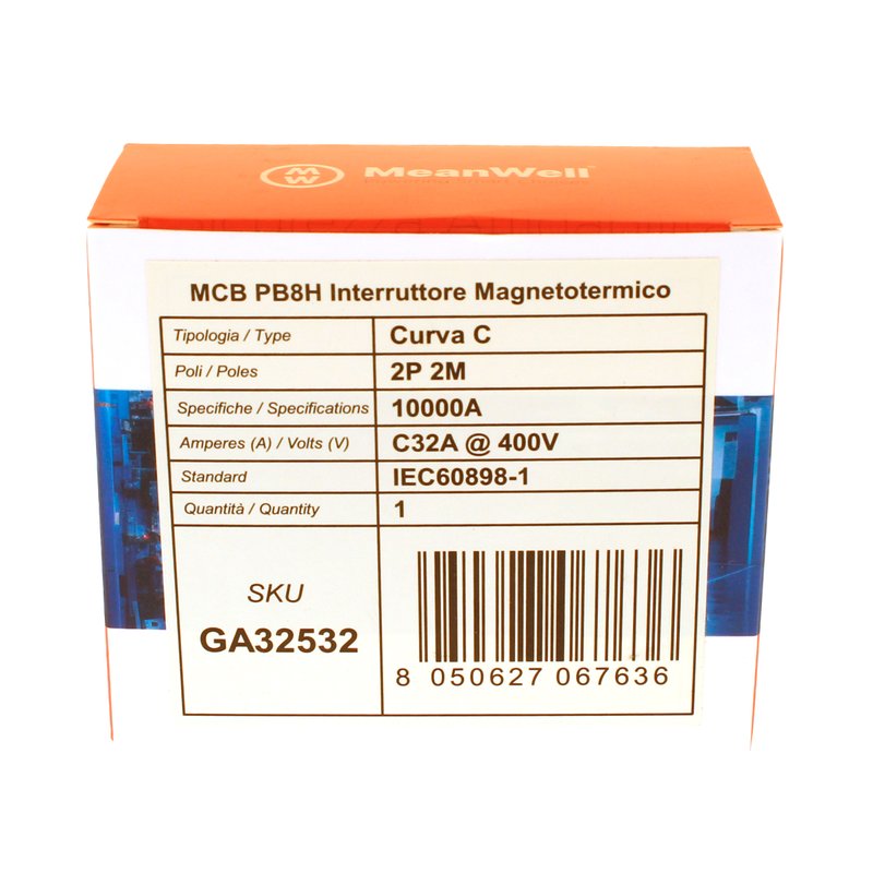 MeanWell MCB Interruttore Magnetotermico Automatico Curva C 2P 2M 10000A C32A AC 400V IP20 IEC60898-1