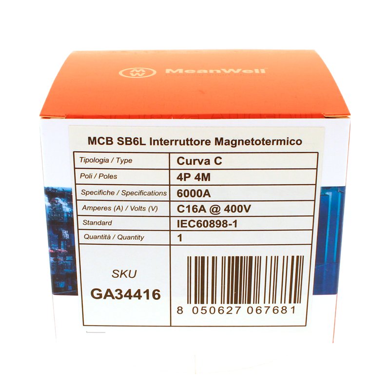 MeanWell MCB Interruttore Magnetotermico Automatico Curva C 4P 4M 6000A C16A AC 400V IP20 IEC60898-1