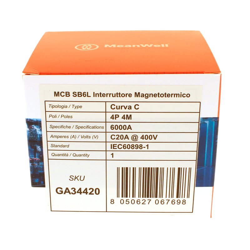 MeanWell MCB Interruttore Magnetotermico Automatico Curva C 4P 4M 6000A C20A AC 400V IP20 IEC60898-1