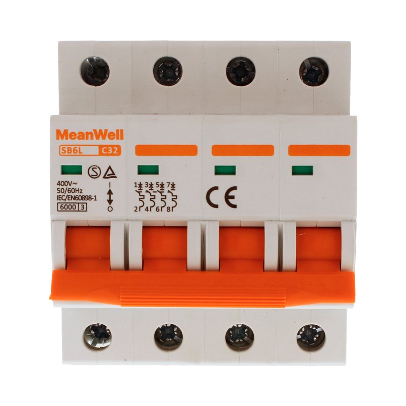 MeanWell MCB Interruttore Magnetotermico Automatico Curva C 4P 4M 6000A C32A AC 400V IP20 IEC60898-1