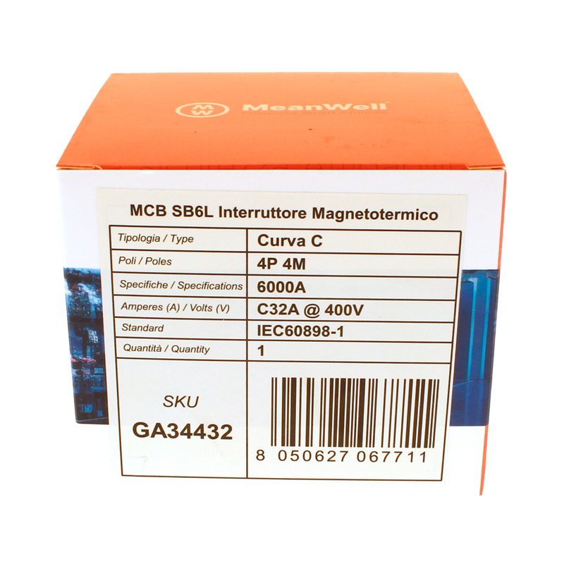 MeanWell MCB Interruttore Magnetotermico Automatico Curva C 4P 4M 6000A C32A AC 400V IP20 IEC60898-1