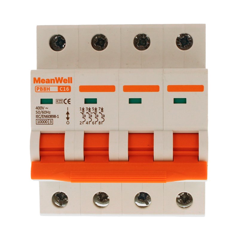 MeanWell MCB Interruttore Magnetotermico Automatico Curva C 4P 4M 10000A C16A AC 400V IP20 IEC60898-1