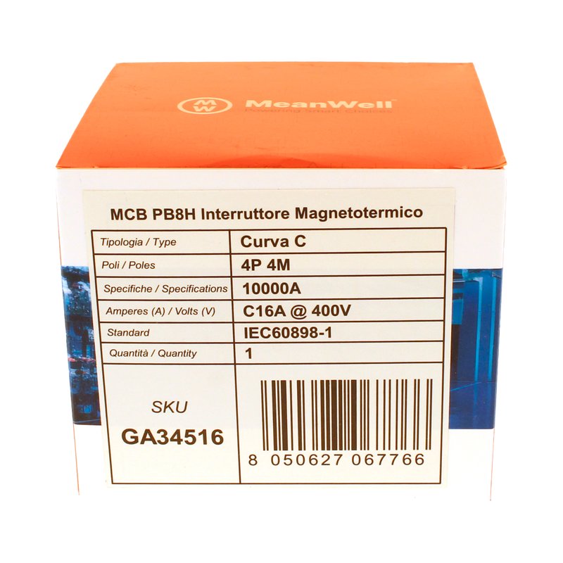 MeanWell MCB Interruttore Magnetotermico Automatico Curva C 4P 4M 10000A C16A AC 400V IP20 IEC60898-1