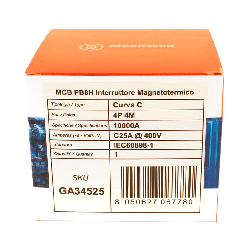 MeanWell MCB Interruttore Magnetotermico Automatico Curva C 4P 4M 10000A C25A AC 400V IP20 IEC60898-1