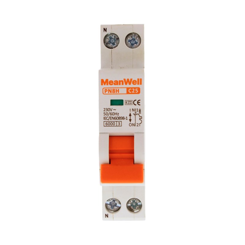 MeanWell MCB Interruttore Magnetotermico Automatico Curva C 1P+N 1M 6000A C25A AC 230V IP20 IEC60898-1