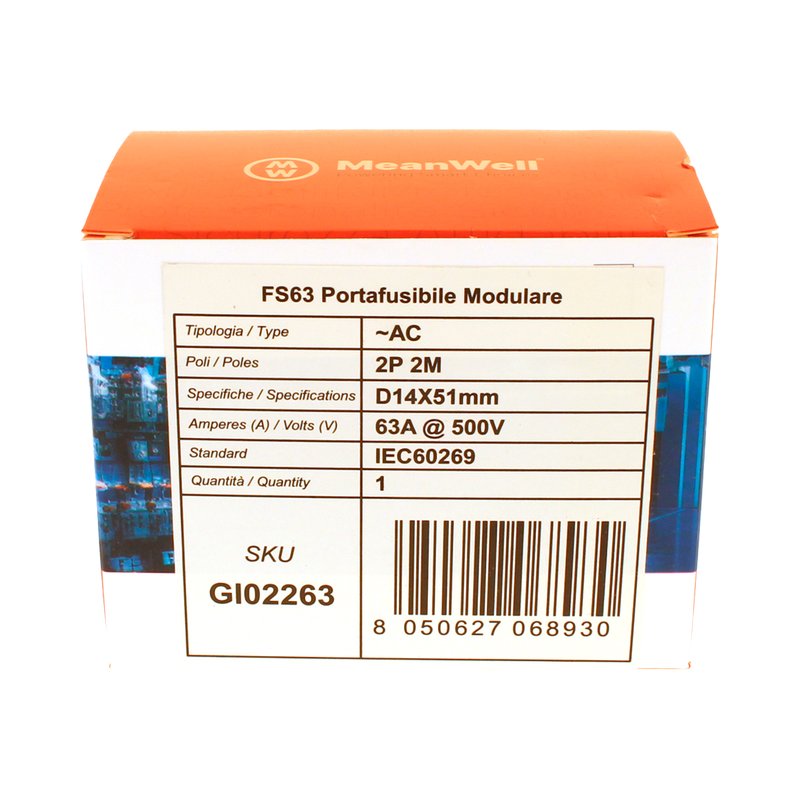 MeanWell Portafusibile Modulare AC 2P 2M D14X51mm 63A AC 500V IP20 IEC60269