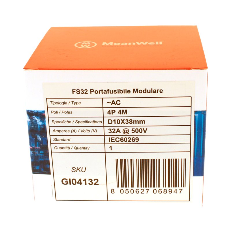 MeanWell Portafusibile Modulare AC 4P 4M D10X38mm 32A AC 500V IP20 IEC60269