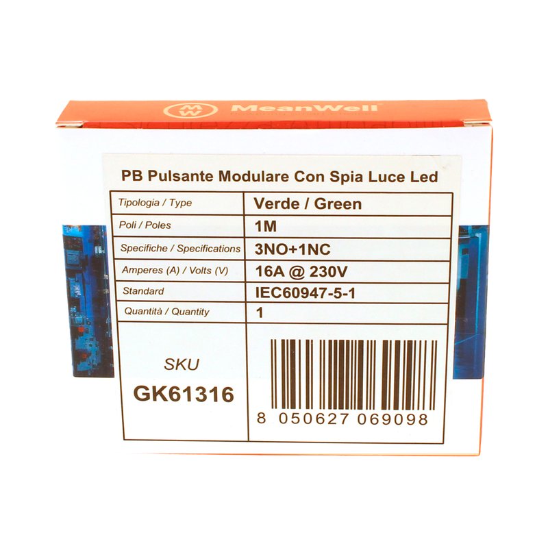 MeanWell Pulsante Modulare Con Spia Luce Led Verde 1M 3NO+1NC 16A AC 230V IP20 IEC60947-5-1