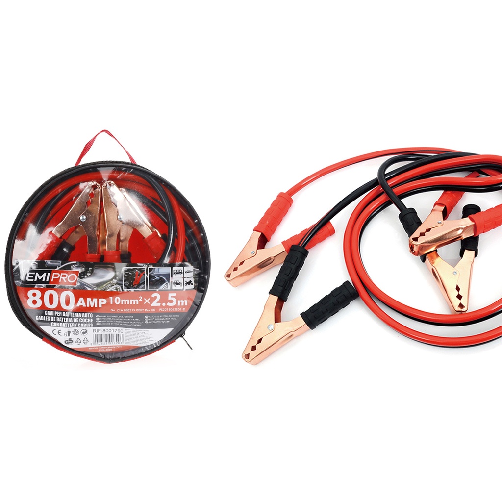 Kit Cavi Per Avviamento Batteria 800 Ampere Per Soccorso Emergenza Auto Moto Sezione Rame 10mmq 2,5 Metri