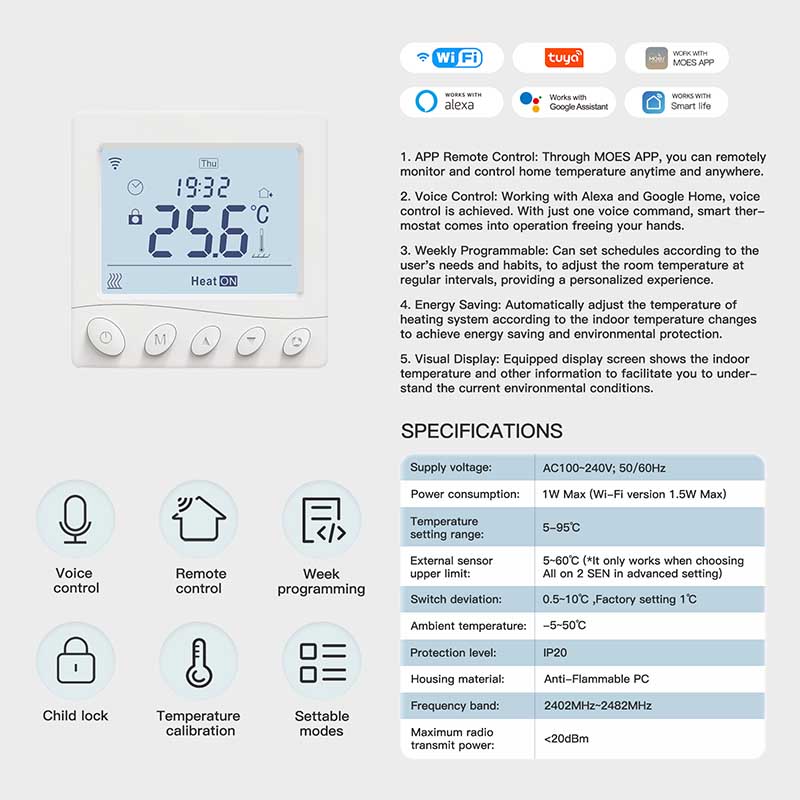 Termostato WIFI Con Bottone Protocollo WIFI 2.4G TUYA, Smart Life Quadrata Compatibile Con Scatola 502 Riscaldamento Caldaia a Gas Bianco 5A 95-240V 50/60Hz 1°C 5-50°C 5-50°C <1W 86X86X13.5mm IP20