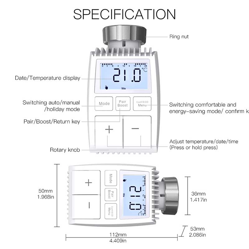 Termostato Valvola ZigBee Con Pile Protocollo ZigBee TUYA, Smart Life Cilindro Per Valvola Termosifone M30X1.5mm Grigio N/A 3V 1°C 5-30°C 5-30°C N/A 112X50X53mm IP20