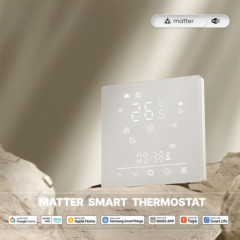 Termostato Matter WIFI Protocollo Matter WIFI 2.4G TUYA, Smart Life, Apple Home, Google Home, Alexa, Samsung SmartThings Quadrata Compatibile Con Scatola 502 Riscaldamento Pavimento Con Acqua Bianco 5A 95-240V 50/60Hz 1°C 5-35°C 5-70°C <1.5W 88X88X12.4mm IP20