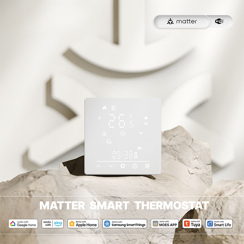 Termostato Matter WIFI Protocollo Matter WIFI 2.4G TUYA, Smart Life, Apple Home, Google Home, Alexa, Samsung SmartThings Quadrata Compatibile Con Scatola 502 Riscaldamento Pavimento Con Acqua Bianco 5A 95-240V 50/60Hz 1°C 5-35°C 5-70°C <1.5W 88X88X12.4mm IP20