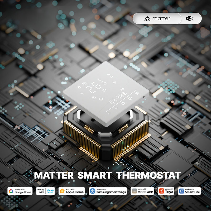 Termostato Matter WIFI Protocollo Matter WIFI 2.4G TUYA, Smart Life, Apple Home, Google Home, Alexa, Samsung SmartThings Quadrata Compatibile Con Scatola 502 Riscaldamento Pavimento Con Acqua Bianco 5A 95-240V 50/60Hz 1°C 5-35°C 5-70°C <1.5W 88X88X12.4mm IP20