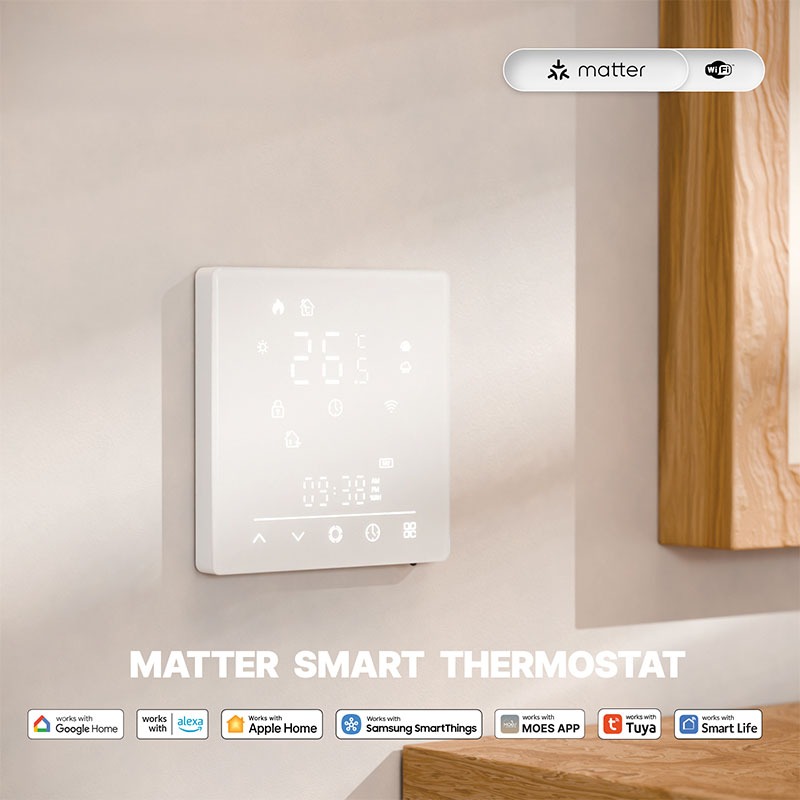 Termostato Matter WIFI Protocollo Matter WIFI 2.4G TUYA, Smart Life, Apple Home, Google Home, Alexa, Samsung SmartThings Quadrata Compatibile Con Scatola 502 Riscaldamento Pavimento Elettrico Bianco 16A 95-240V 50/60Hz 1°C 5-35°C 5-70°C <1.5W 88X88X12.4mm IP20