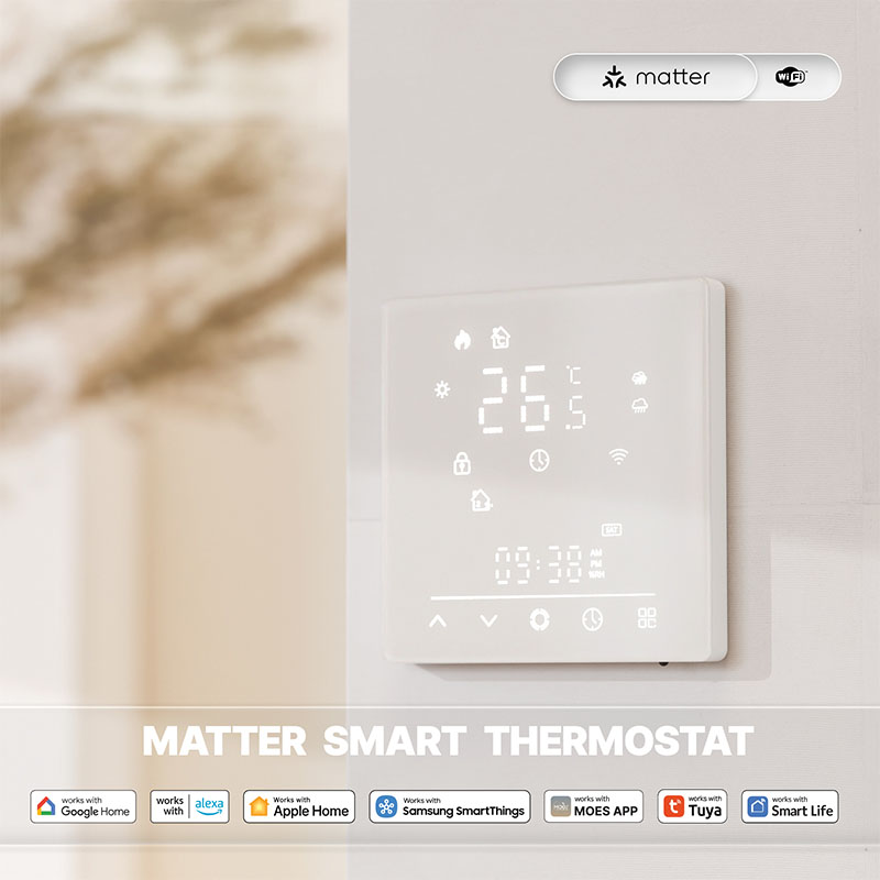 Termostato Matter WIFI Protocollo Matter WIFI 2.4G TUYA, Smart Life, Apple Home, Google Home, Alexa, Samsung SmartThings Quadrata Compatibile Con Scatola 502 Riscaldamento Pavimento Elettrico Bianco 16A 95-240V 50/60Hz 1°C 5-35°C 5-70°C <1.5W 88X88X12.4mm IP20