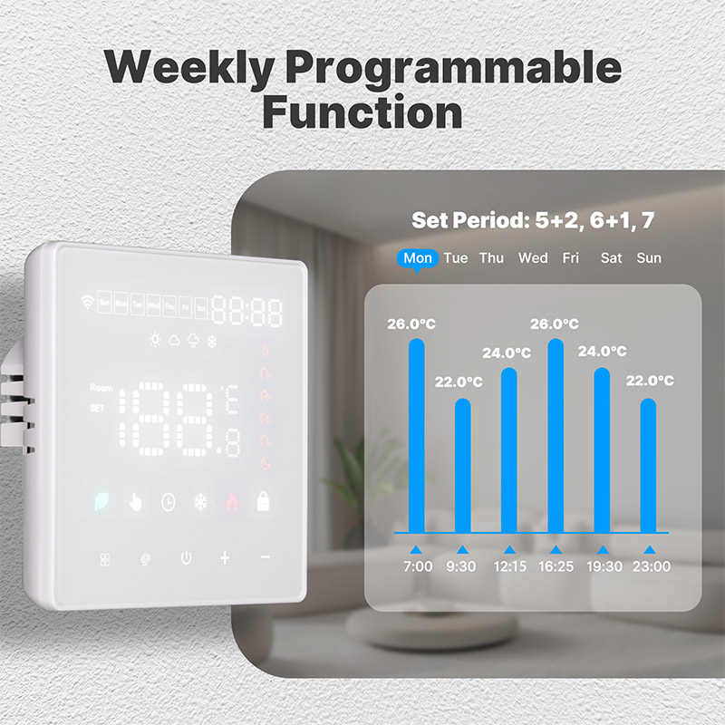 Termostato WIFI Touch Protocollo WIFI 2.4G TUYA, Smart Life Quadrata Compatibile Con Scatola 502 Riscaldamento Caldaia a Gas
Riscaldamento Pavimento Con Acqua Bianco 3A 100-250V 50/60Hz 0.5°C 0-50°C 0-50°C <1.5W 88X88X13mm IP20