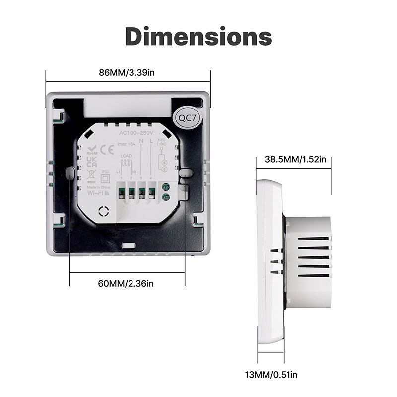 Termostato WIFI Touch Protocollo WIFI 2.4G TUYA, Smart Life Quadrata Compatibile Con Scatola 502 Riscaldamento Caldaia a Gas
Riscaldamento Pavimento Con Acqua Bianco 3A 100-250V 50/60Hz 0.5°C 0-50°C 0-50°C <1.5W 88X88X13mm IP20