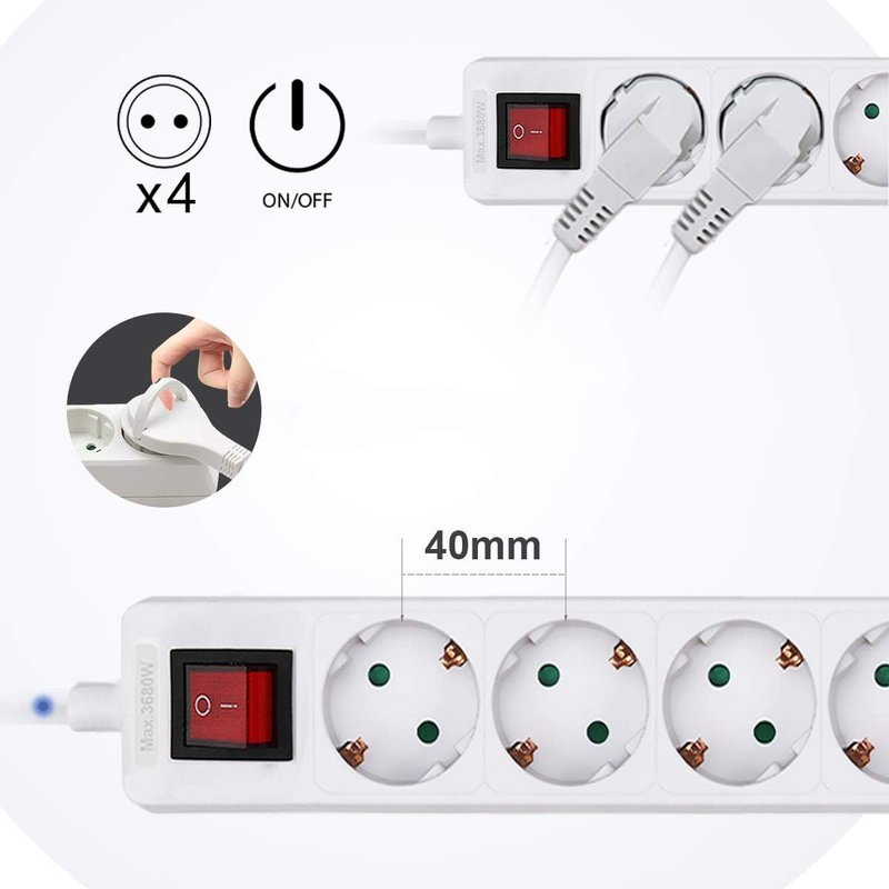 Multipresa Ciabatta Elettrica con Interruttore Save Energy, Cavo 1,5 m, IP20, Protezione, 16 A, 3680 W, Bianco 4 Prese