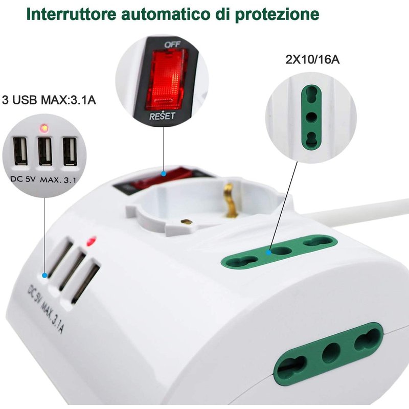 Multipresa da Scrivania con 3 Prese USB Max 3,1A Spina 10A 3 Prese Bipasso Con Interruttore XSL2602A