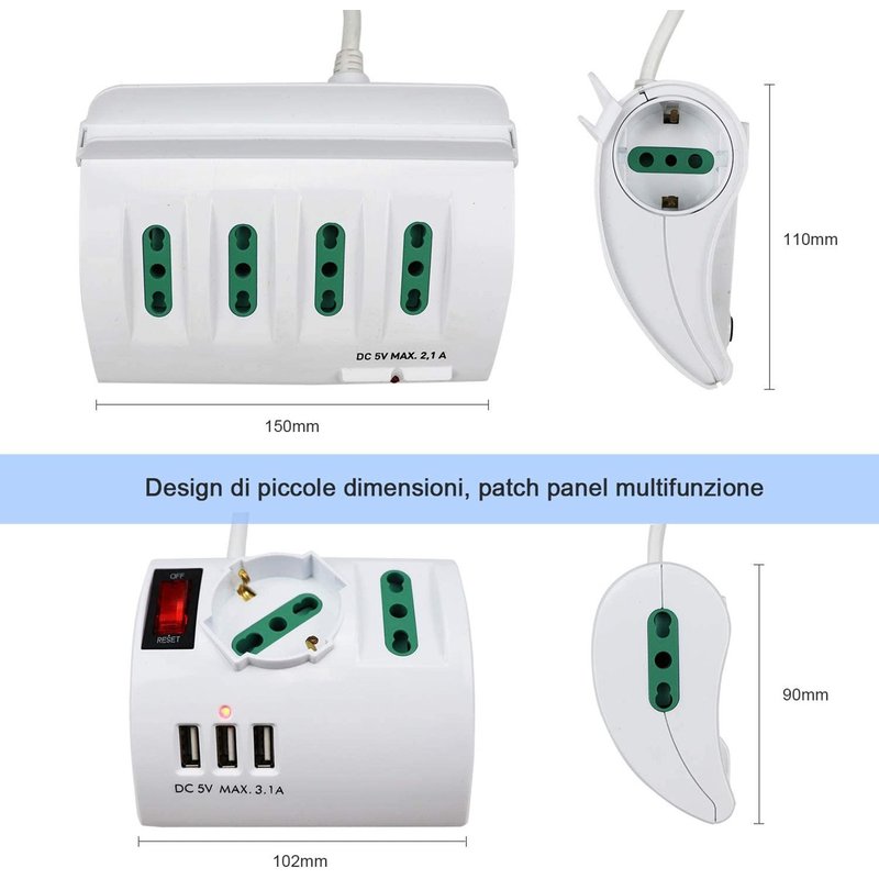 Multipresa da Scrivania con 3 Prese USB Max 3,1A Spina 10A 3 Prese Bipasso Con Interruttore XSL2602A