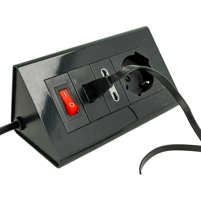 Multipresa Da Tavolo Con USB Nero 1 Presa Schuko 1 Presa Bipasso 10/16A Interruttore Spina 16A Cavo 2 Metri