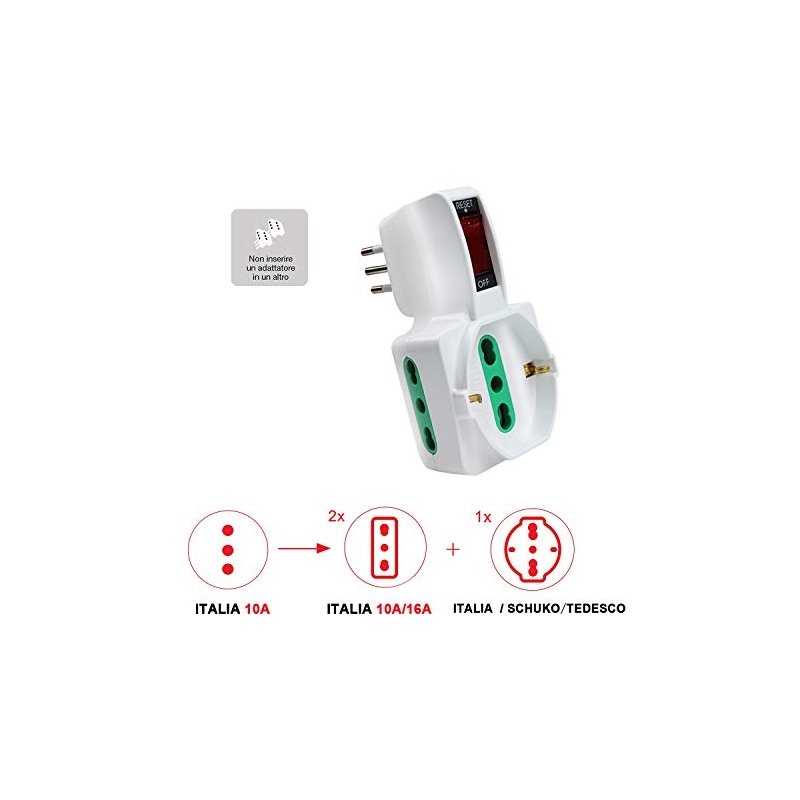 Adattatore Triplo Con Interruttore Spina 10A 2 Prese 10/16A Bipasso + 1 Presa Schuko 250V Bianco XSL1061