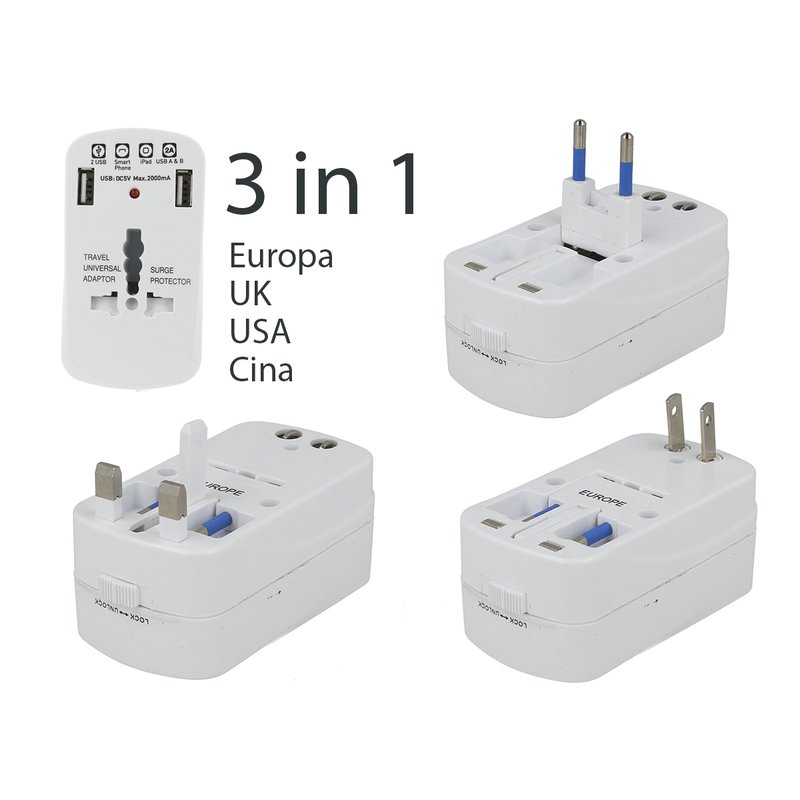 Adattatore Universale da Viaggio con Protezione da Sovraccarico 2 USB 5V 2A 3 Spine Per Europa UK USA Cina America SKU-8704