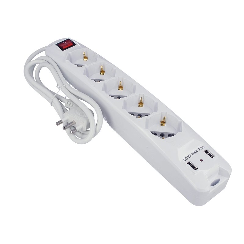 Multipresa Ciabatta Elettrica Spina Con 2 USB 2,1A Cavo 1,5 Metri 5 Posti 2P+T 10/16A Bipasso Schuko Con Interruttore SKU-8715