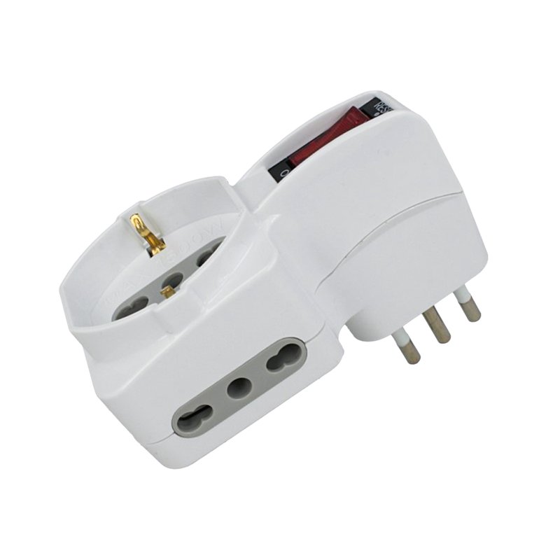 Adattatore Triplo Con Interruttore Spina 10A 2 Prese 10/16A Bipasso + 1 Presa Schuko 250V Bianco SKU-8743