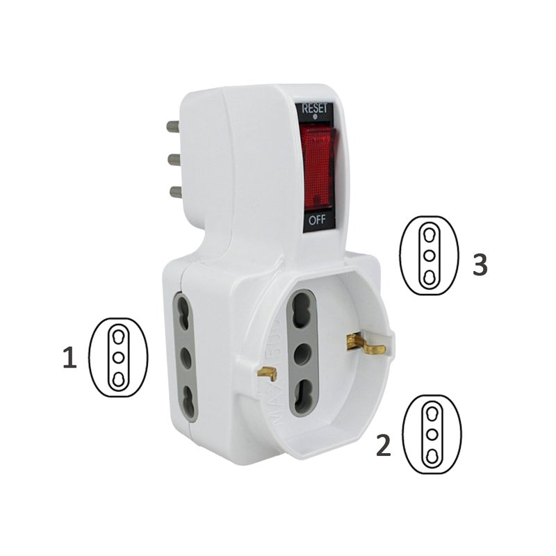 Adattatore Triplo Con Interruttore Spina 10A 2 Prese 10/16A Bipasso + 1 Presa Schuko 250V Bianco SKU-8743