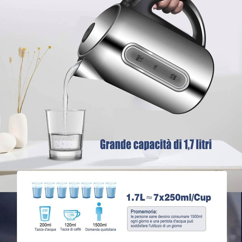 Bollitore Acqua Elettrico 1,7 Litri In Acciaio Inox 2200W Spina Schuko 16A Moderno