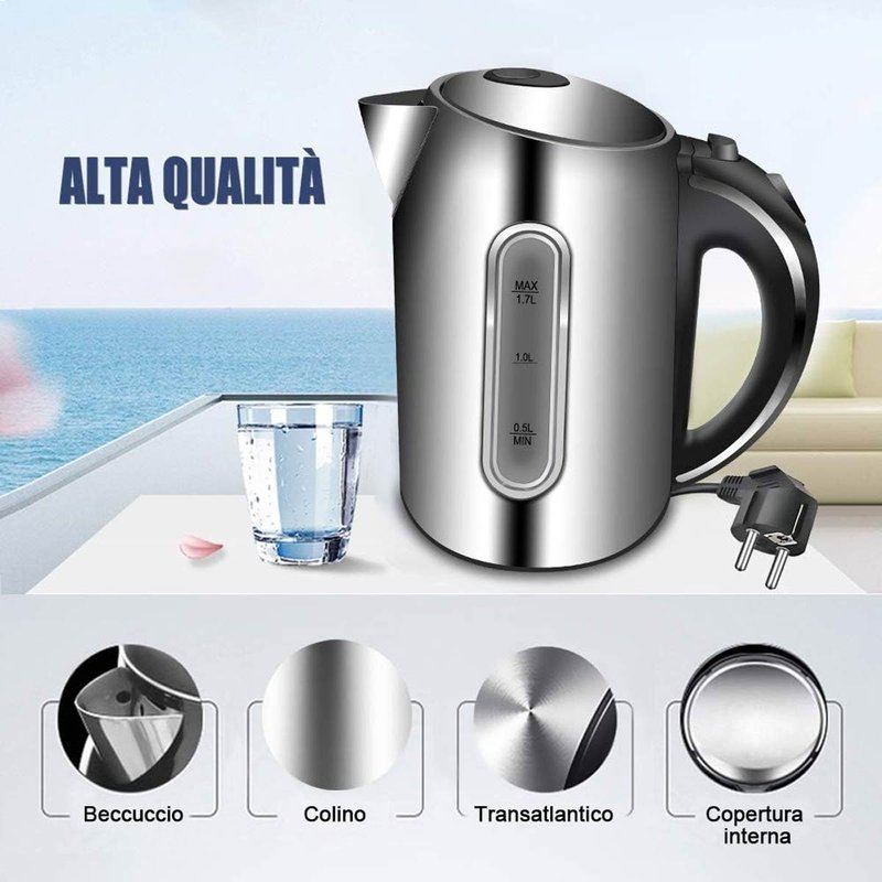 Bollitore Acqua Elettrico 1,7 Litri In Acciaio Inox 2200W Spina Schuko 16A Moderno