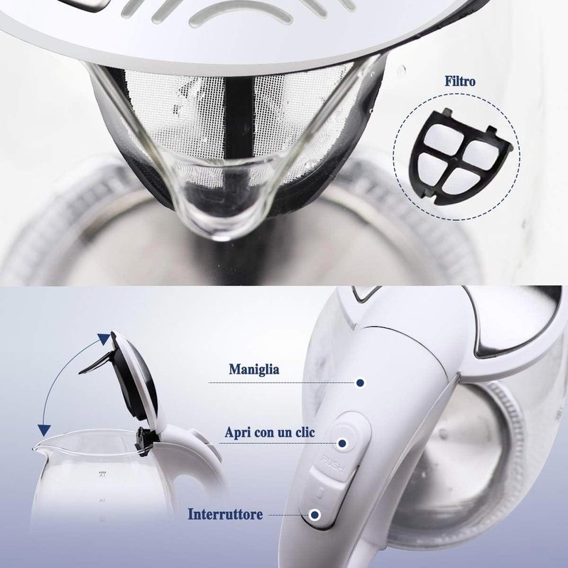 Bollitore Acqua Elettrico 1,7 Litri In Vetro 2200W Spina Schuko 16A Bianco