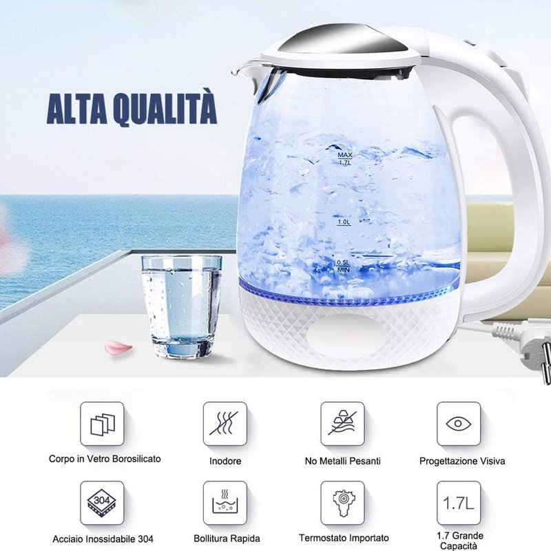 Bollitore Acqua Elettrico 1,7 Litri In Vetro 2200W Spina Schuko 16A Bianco