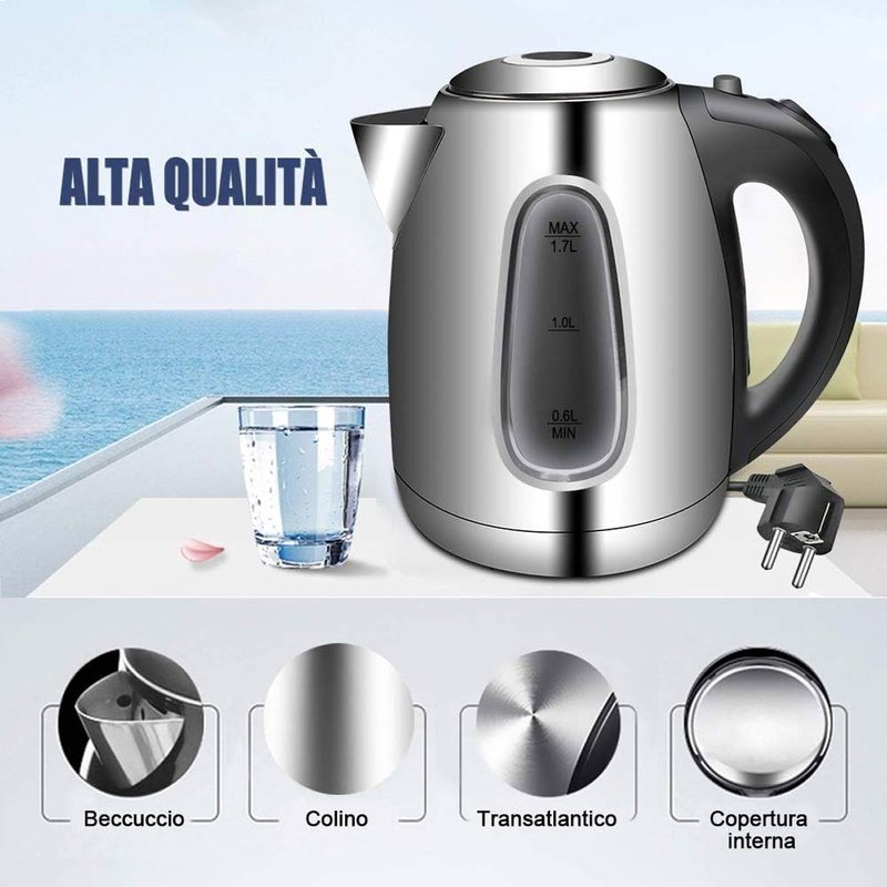 Bollitore Acqua Elettrico 1,7 Litri In Acciaio Inox 2200W Spina Schuko 16A Classico