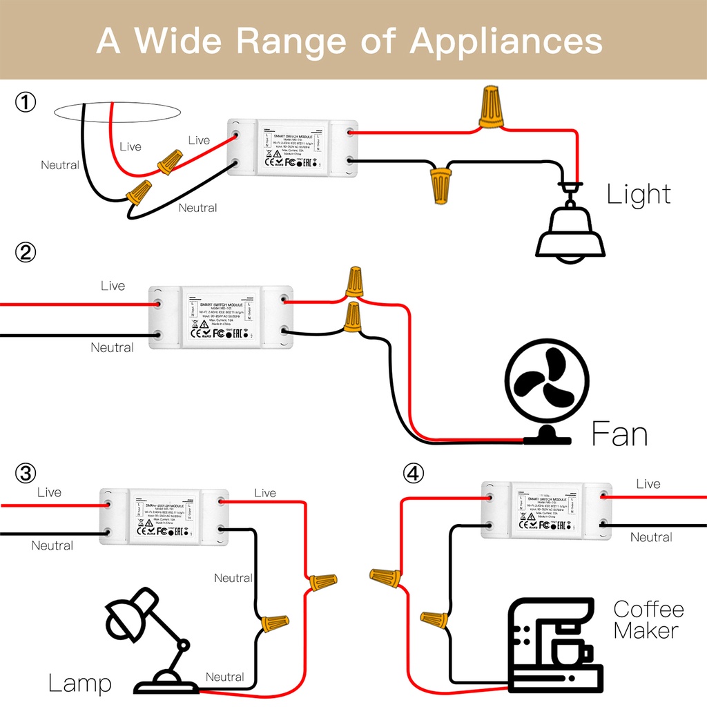 MeanWell Interruttore WIFI 10A WIFI 2.4G TUYA, Smart Life 10A AC 90-250V 50/60HZ 2200W