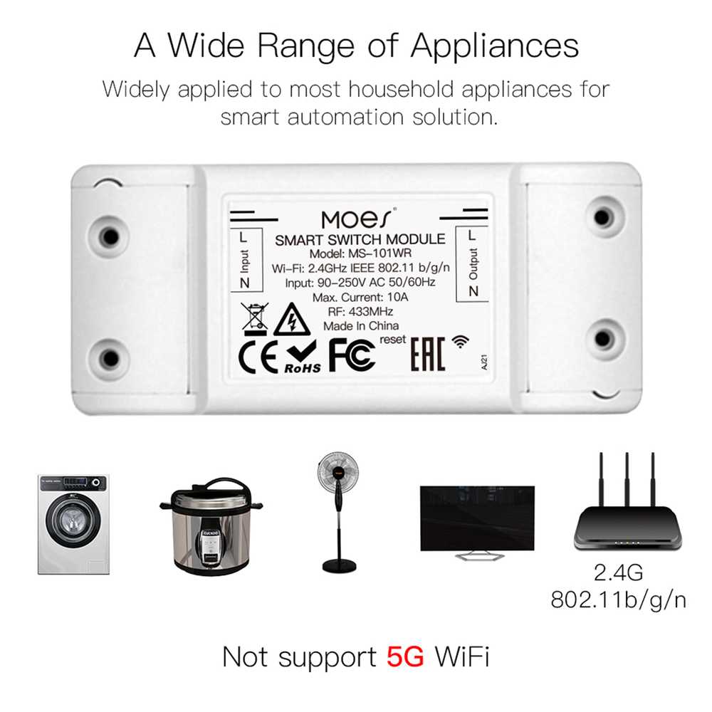 MeanWell Interruttore WIFI + RF 433MHz 10A WIFI 2.4G, RF 433MHz TUYA, Smart Life 10A AC 90-250V 50/60HZ 2200W-SH101WR