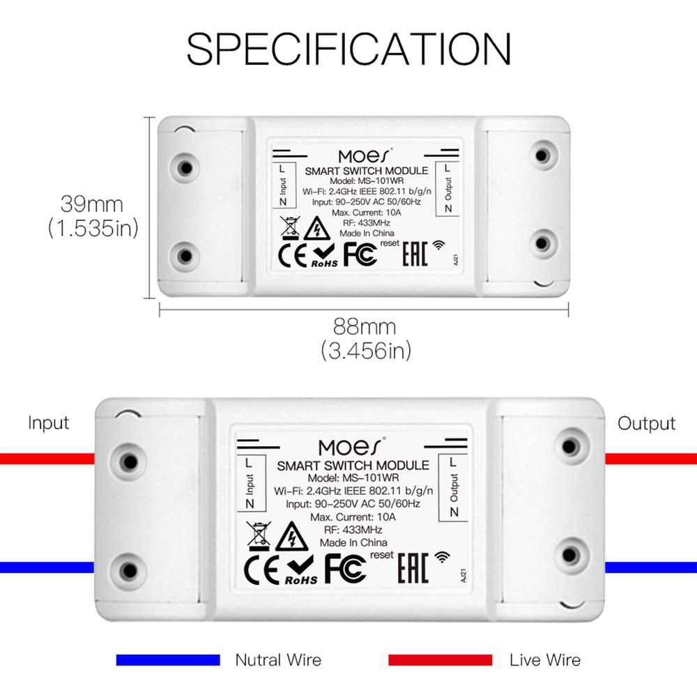 MeanWell Interruttore WIFI + RF 433MHz 10A WIFI 2.4G, RF 433MHz TUYA, Smart Life 10A AC 90-250V 50/60HZ 2200W-SH101WR