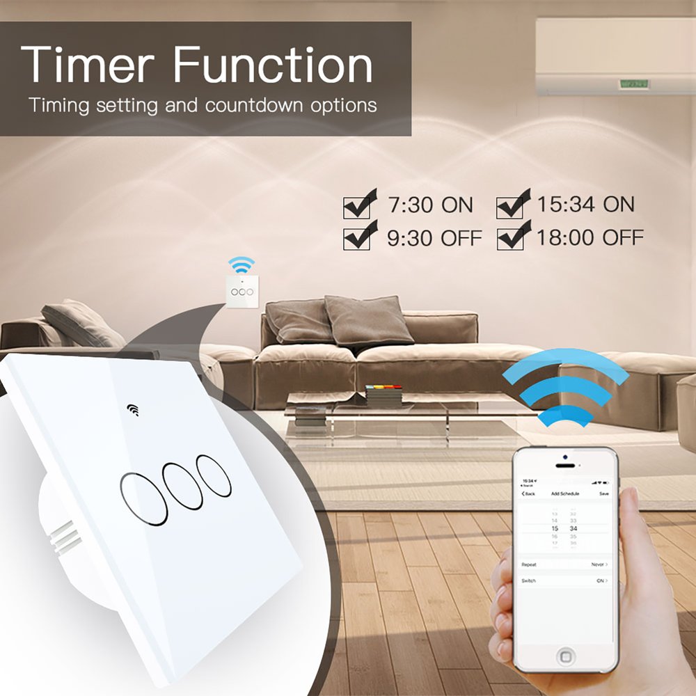 MeanWell Interruttore Da Parete Touch WIFI 2.4G Matter 3 Tasti TUYA, Smart Life, Apple Home, Google Home, Alexa, SmartThings 10A AC 90-250V 50/60HZ Bianco 86X86X30mm IP20