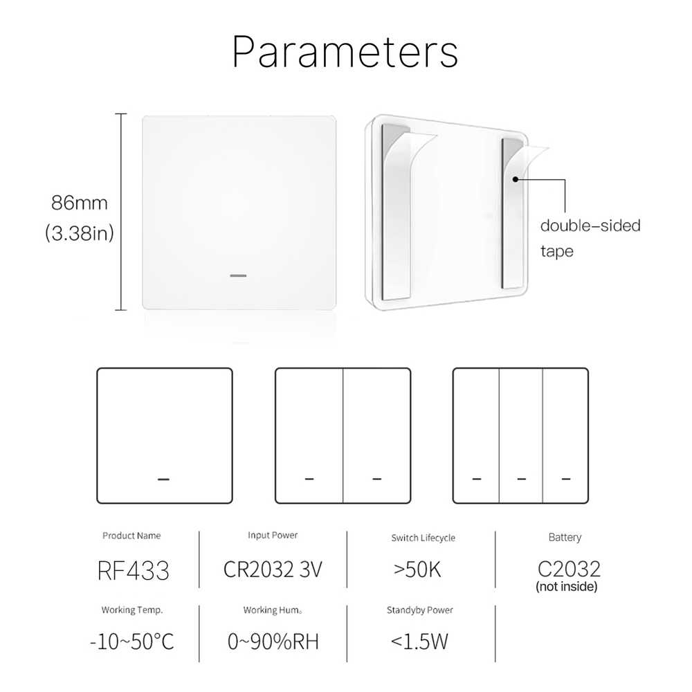 MeanWell Telecomando Interruttore 1 Tasto, RF 433MHz, TUYA, Smart Life 3V Con Pile CR2032, 86x86x16mm, IP20, SH4491