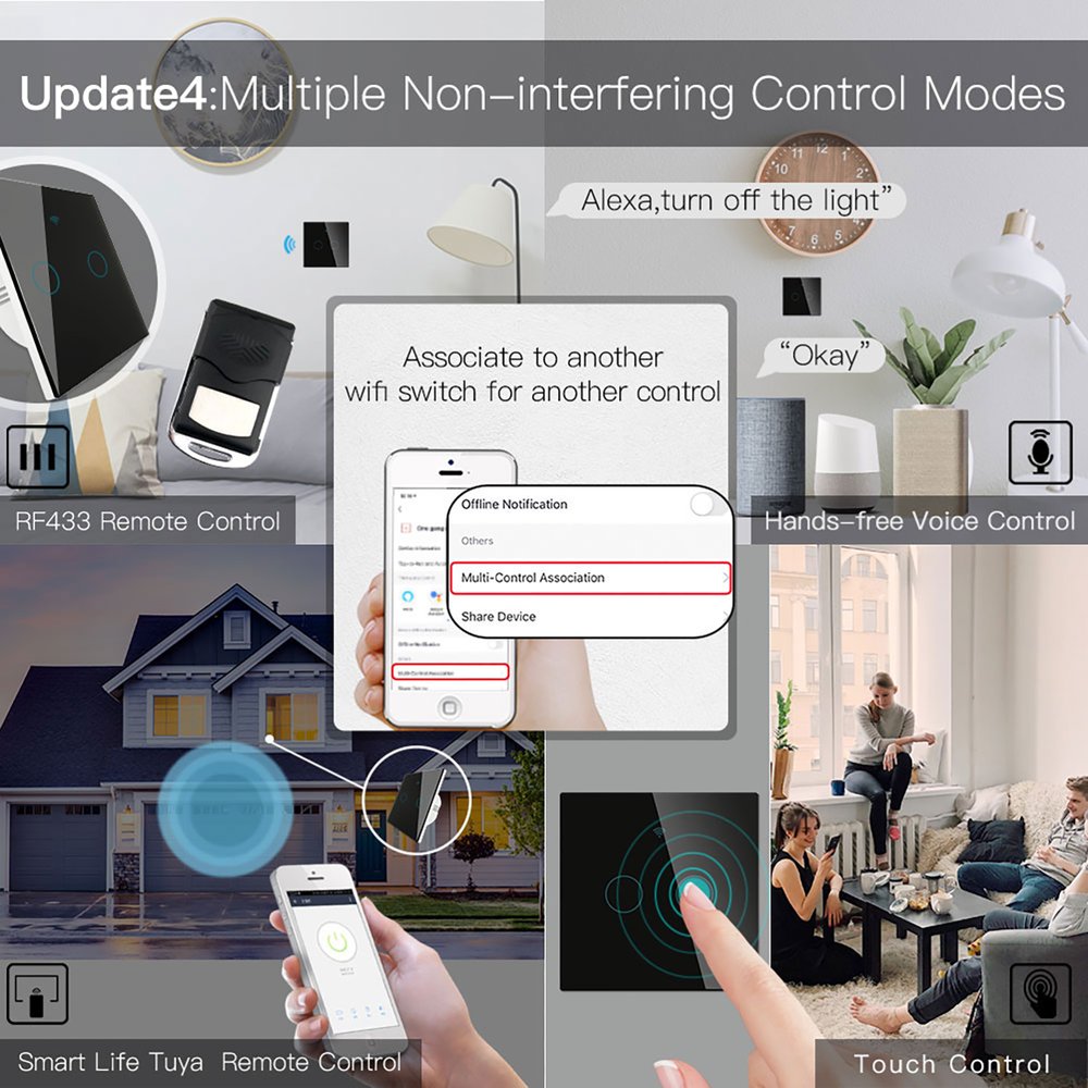 MeanWell Interruttore Da Parete Touch 2 Tasti, WIFI 2.4G+BLE+RF 433MHz, Bluetooth BLE Mesh TUYA, Smart Life, 10A, AC 90-250V, 50/60HZ, 86X86X30mm, IP20, Nero, SH9442B