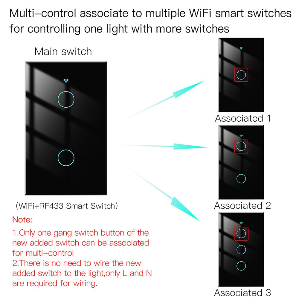 MeanWell Interruttore Da Parete Touch 2 Tasti, WIFI 2.4G+BLE+RF 433MHz, Bluetooth BLE Mesh, TUYA, Smart Life, 10A, AC 90-250V, 50/60HZ, 120X72X38mm, IP20, Nero, SH9552B