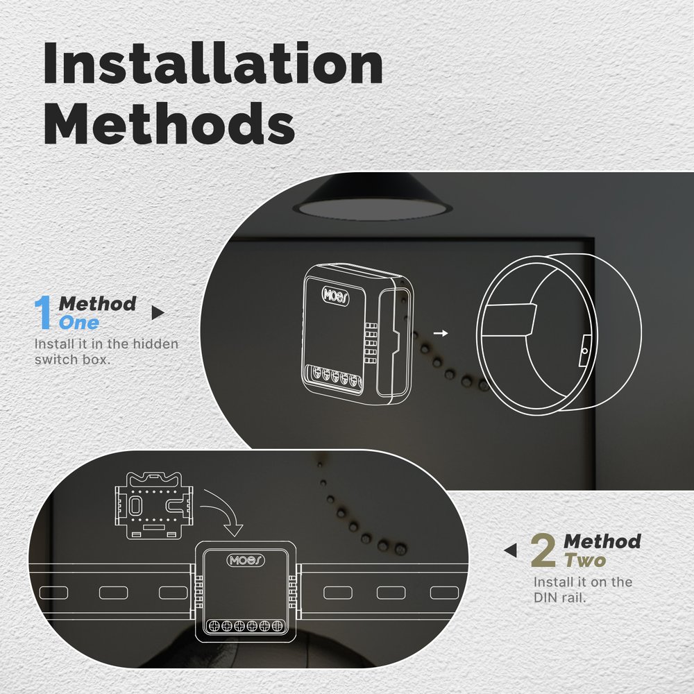 MeanWell Mini Interruttore Matter WiFi 2.4G, 10A TUYA, Compatibile Apple Home, Google Home, Alexa, SmartThings, 2200W, AC 90-250V 50/60Hz, 40x40x18mm, IP20