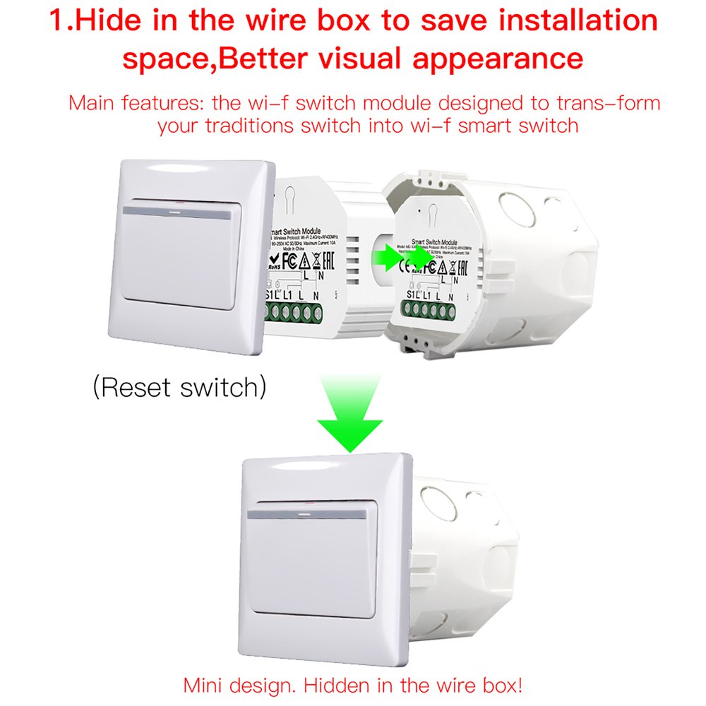 MeanWell Interruttore WiFi 2.4G + BLE + RF 433MHz, 3 in 1, 10A Bluetooth BLE Mesh, TUYA, Compatibile Smart Life, 2200W, AC 90-250V 50/60Hz, 53x48x18mm IP20 SH104