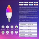 MeanWell Lampada Led Matter E14, RGB+CW, Matter WIFI 2.4G TUYA, Smart Life, Apple Home, Google Home, Alexa, SmartThings, AC 90-250V, 50/60HZ, 6W, 37X106mm, IP20, MU11406